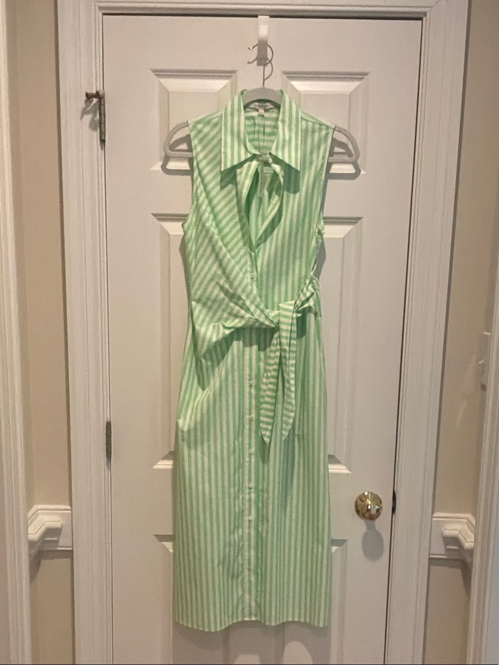 Favorite Daughter Green and White Striped Sleeveless Shirt Dress with Tie